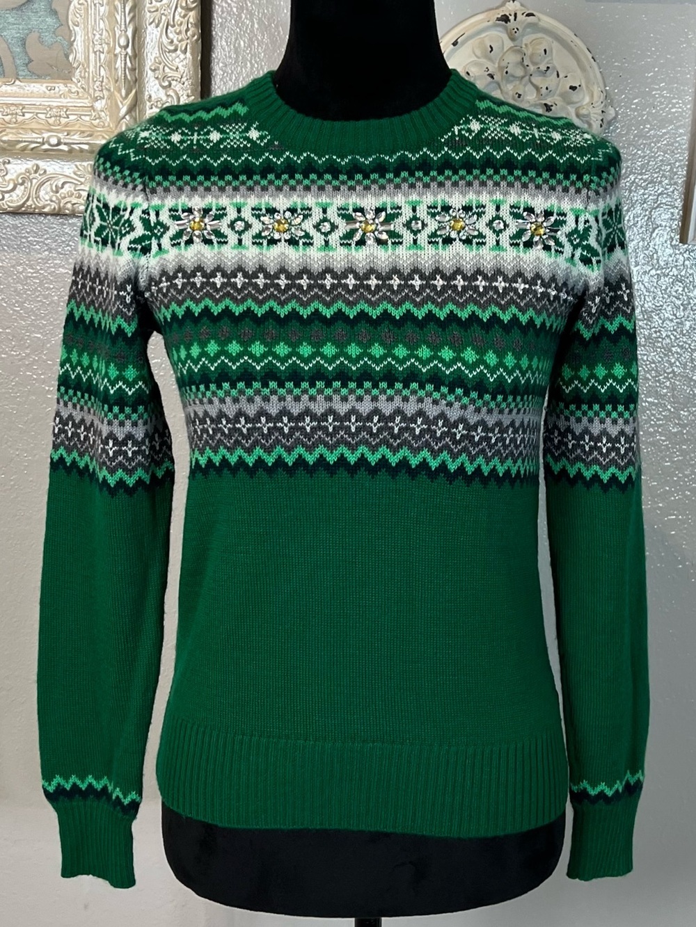 The Limited Green Fair Isle Crewneck Sweater with Rhinestone embellishments - Picture 2 of 10